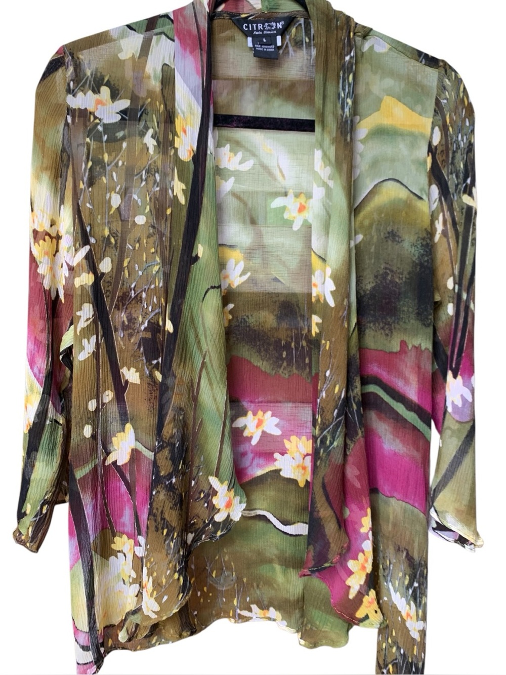 Citron Sheer Green & Plum Floral Crinkle Open Front Kimono Cardigan Like New